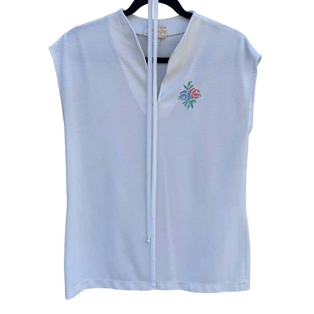 Center Stage Vintage 70s 80s White Floral Cross Stitch V-Neck Tie‎ Top L Cottage